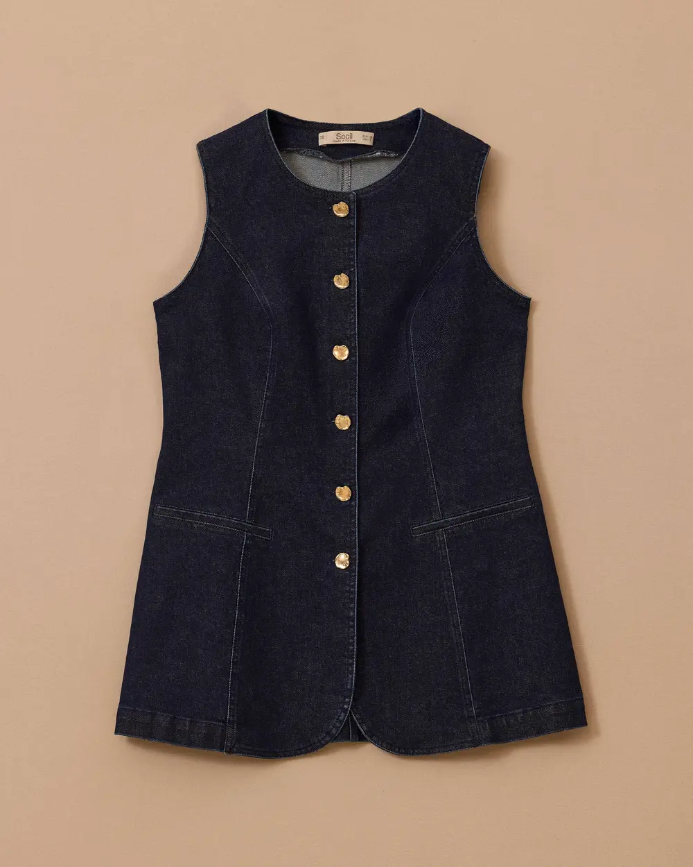 Yuvarlak Yaka Düğmeli Jean Yelek