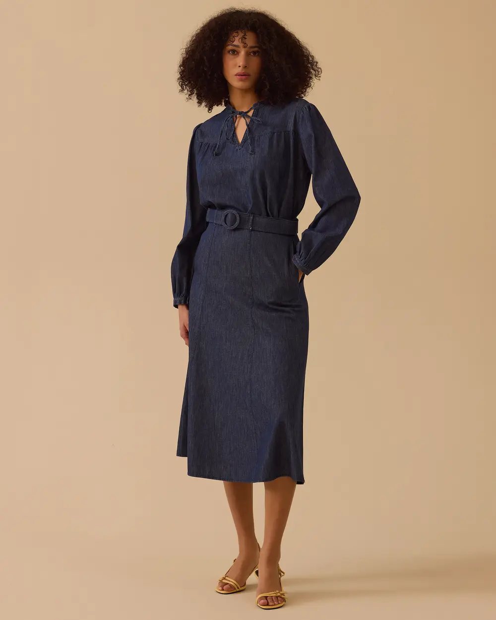 Shirred Jean Blouse with Tie Detail
