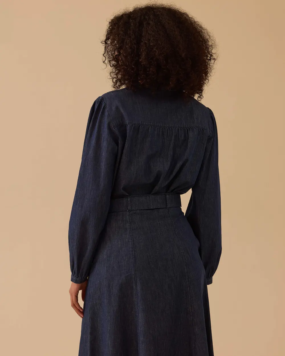 Shirred Jean Blouse with Tie Detail