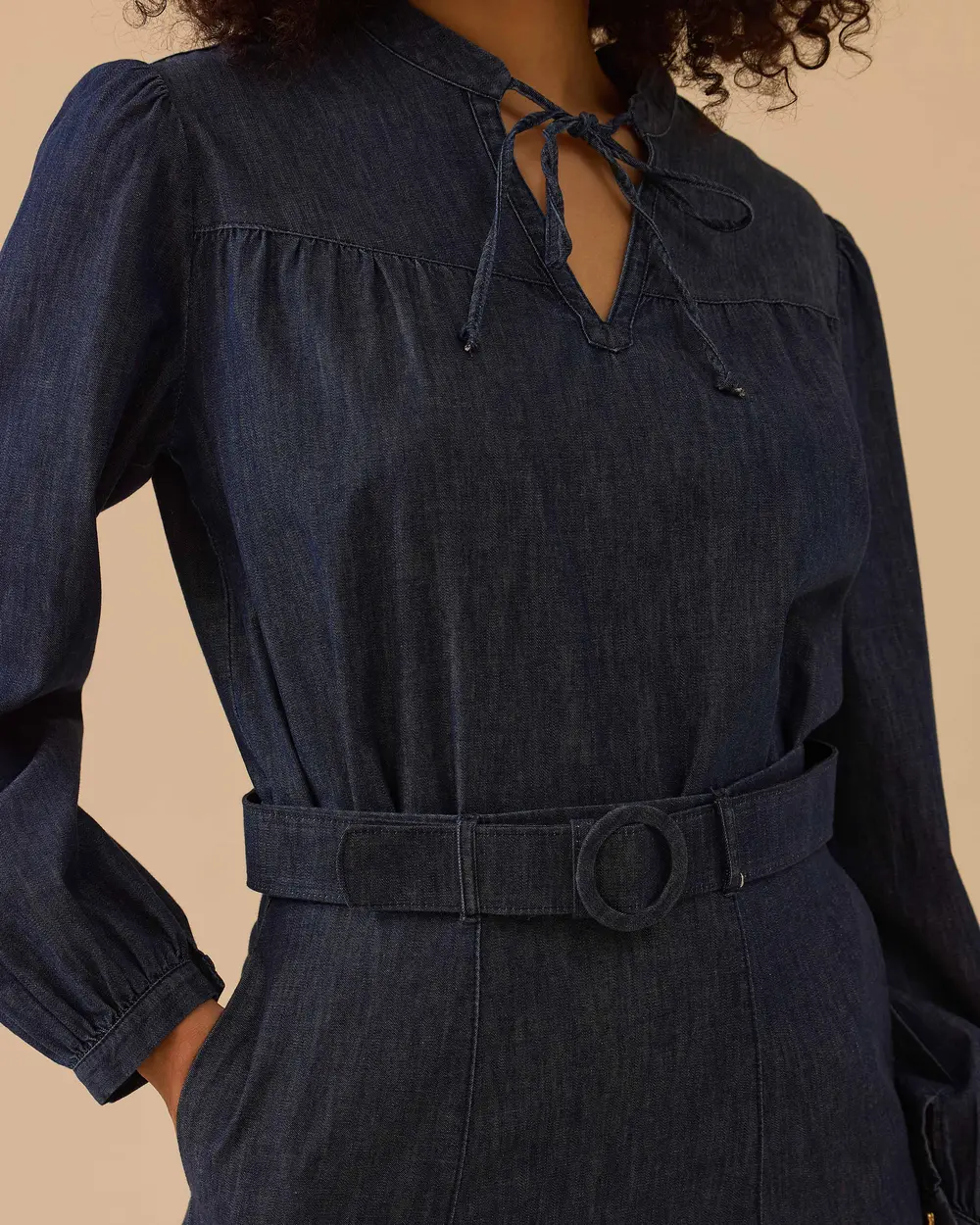 Shirred Jean Blouse with Tie Detail
