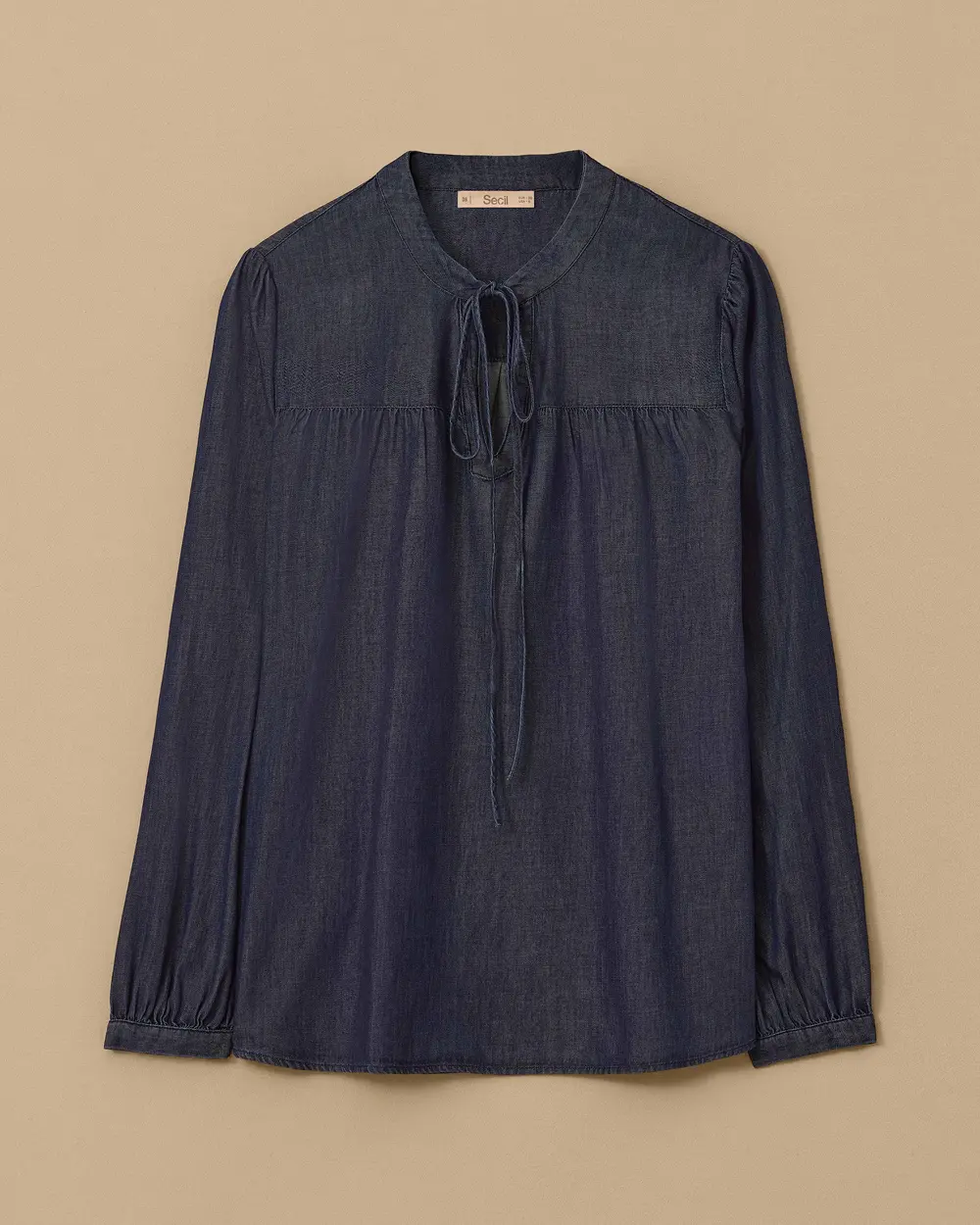Shirred Jean Blouse with Tie Detail