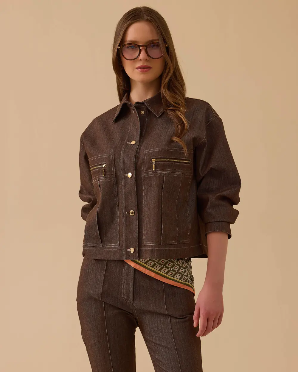 Fermuar Detaylı Bel Boy Jean Ceket