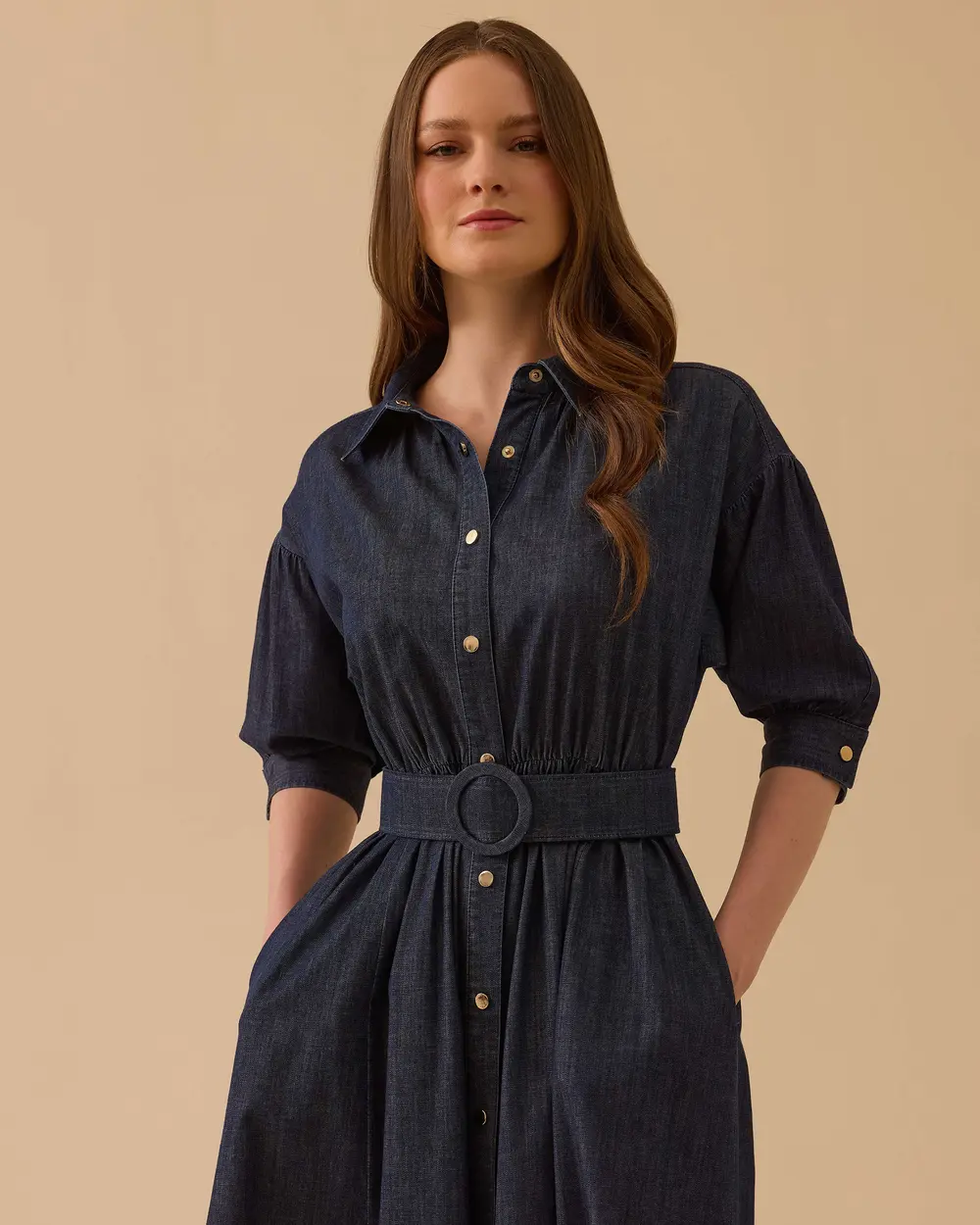 Midi Boy Beli Lastikli Denim Elbise