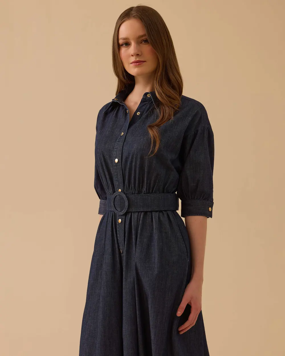 Midi Boy Beli Lastikli Denim Elbise