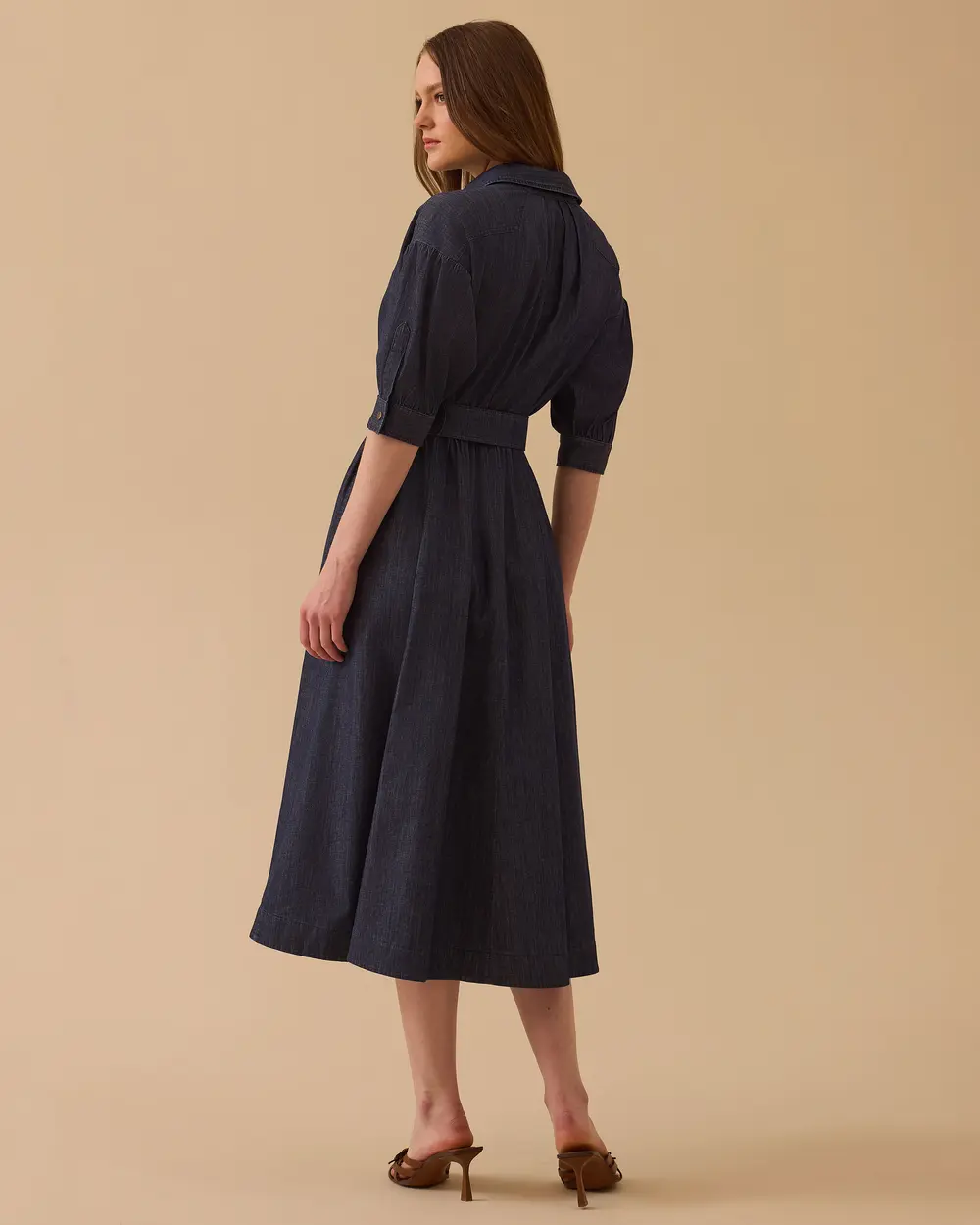 Midi Boy Beli Lastikli Denim Elbise