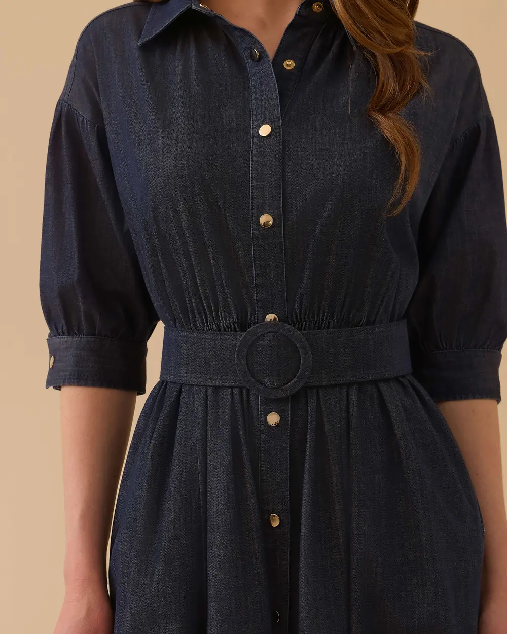 Midi Boy Beli Lastikli Denim Elbise