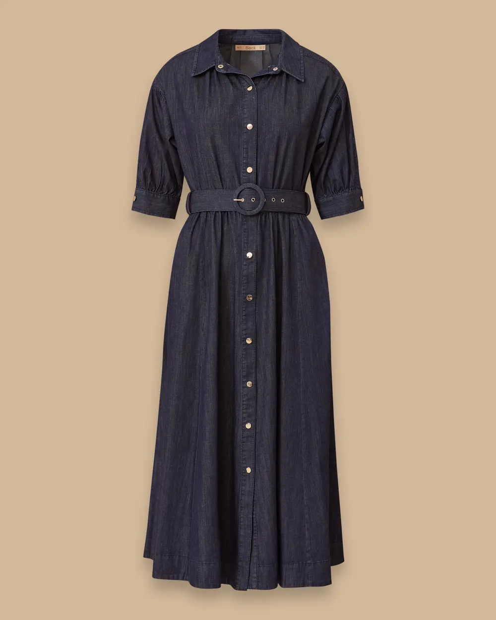 Midi Length Denim Dress with Elastic Waist
