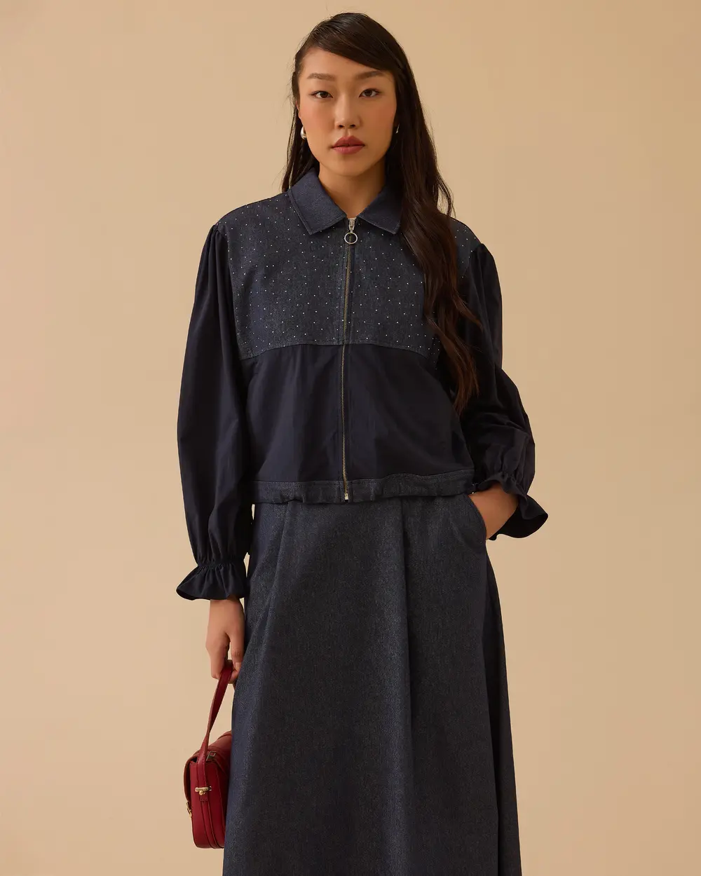 İki Kumaşlı Bel Boy Jean Ceket