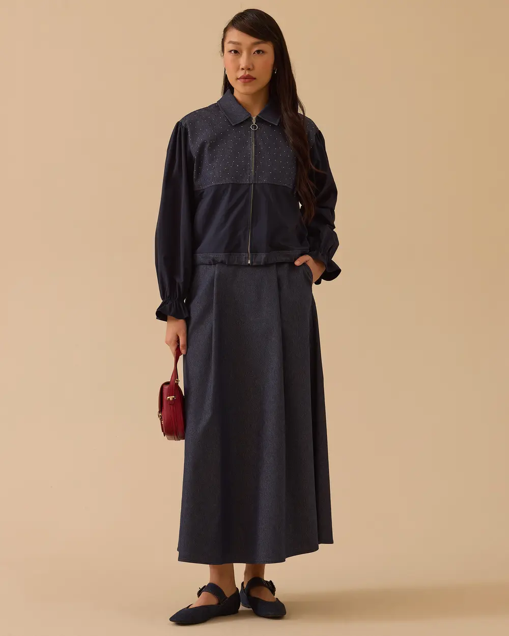 Two Fabric Waist Length Jean Jacket