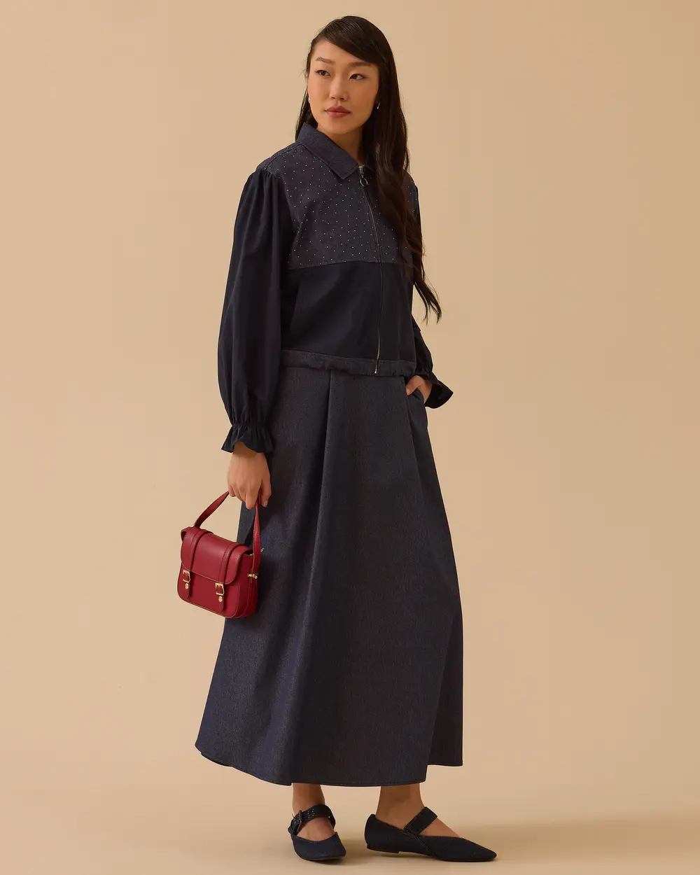 İki Kumaşlı Bel Boy Jean Ceket