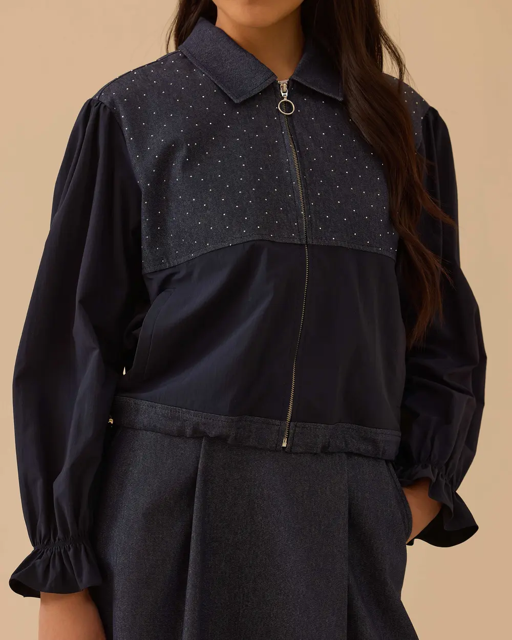 Two Fabric Waist Length Jean Jacket