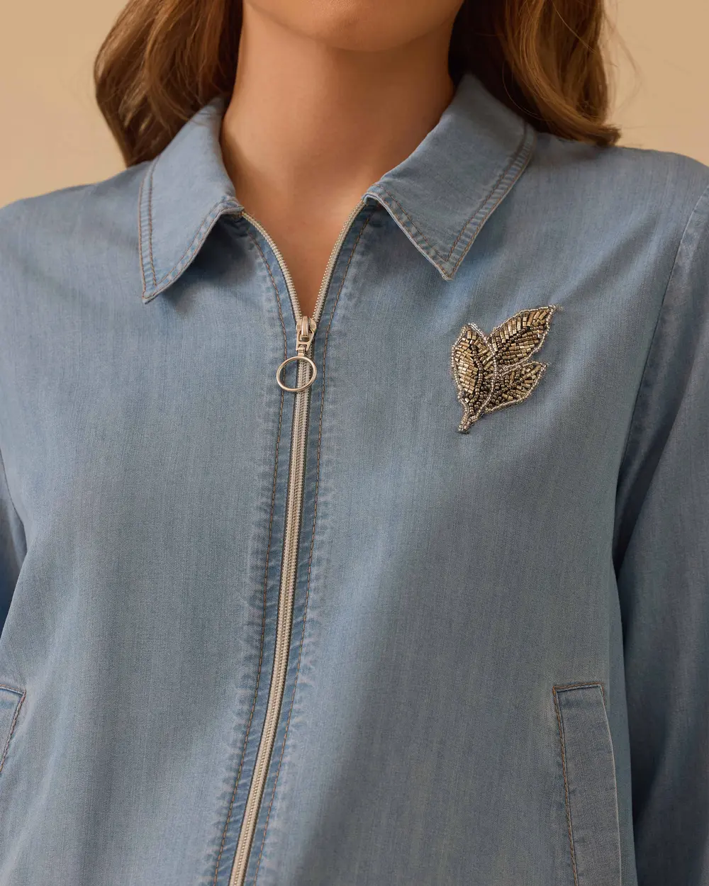 Nakış Detaylı Fermuarlı Denim Ceket