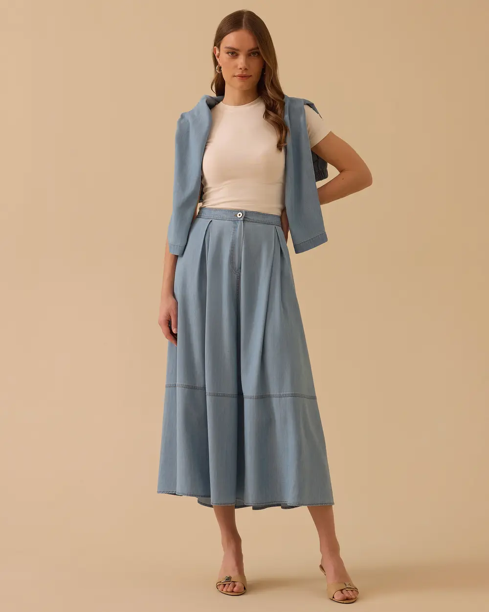 Pile Detaylı Denim Midi Etek