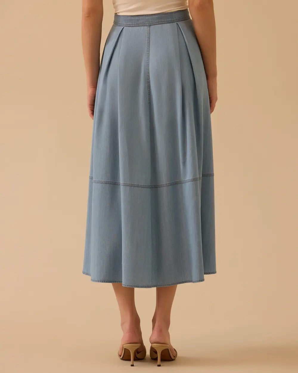 Pile Detaylı Denim Midi Etek