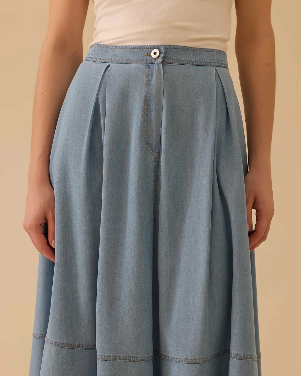 Pile Detaylı Denim Midi Etek