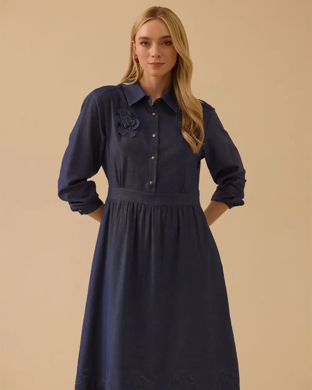 Flower-Embellished Shirt-Collar Dress