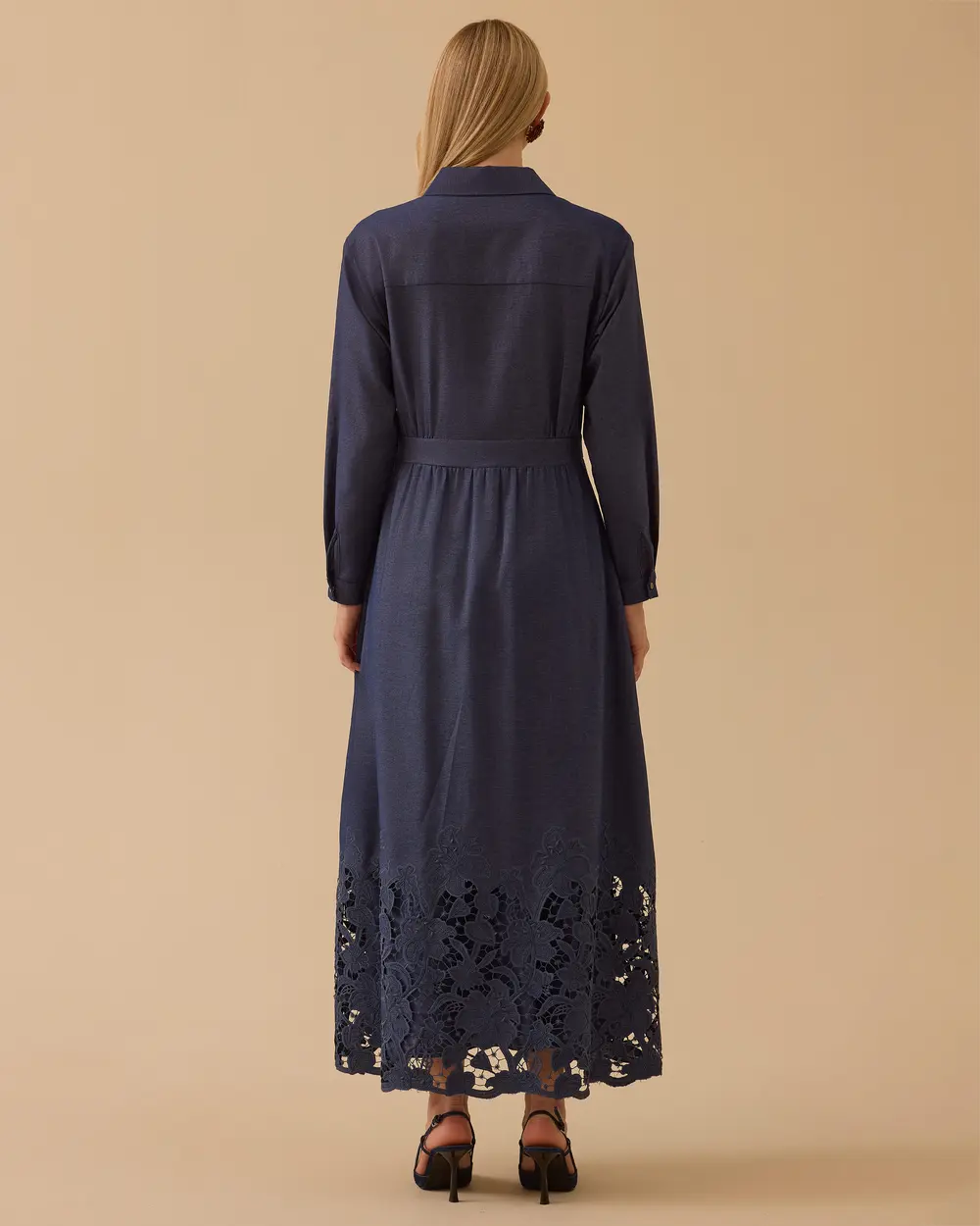 Flower-Embellished Shirt-Collar Dress