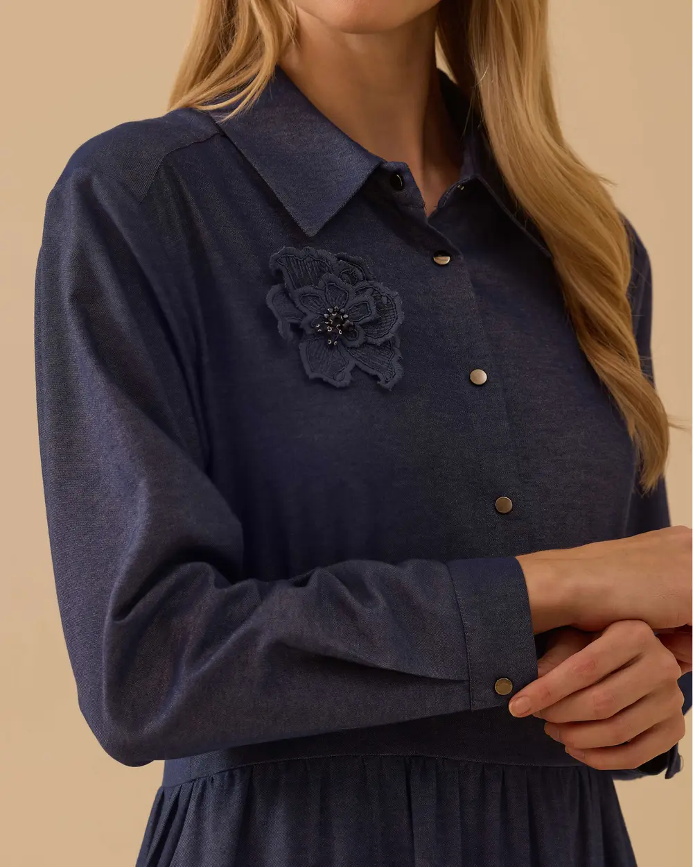 Flower-Embellished Shirt-Collar Dress