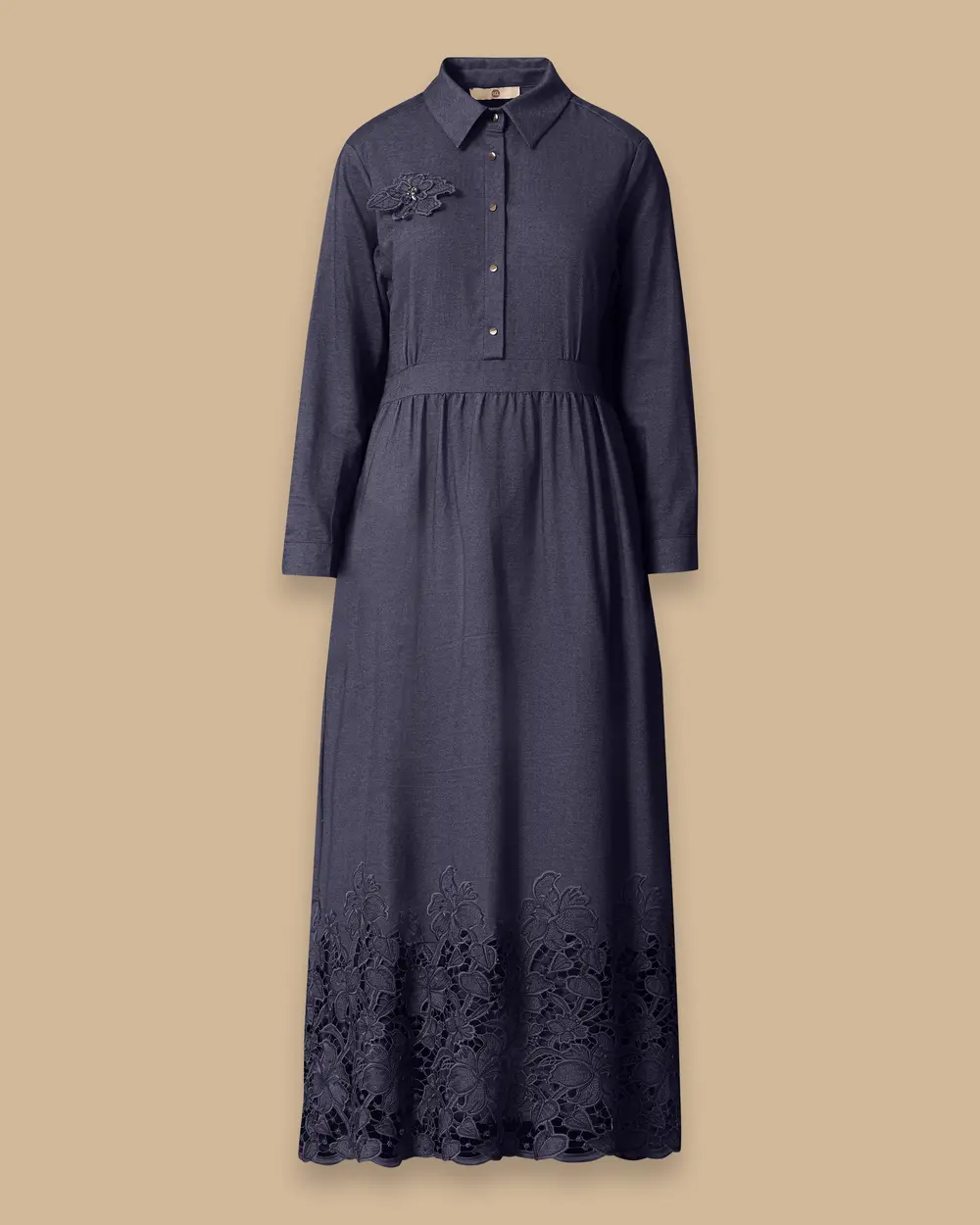 Flower-Embellished Shirt-Collar Dress