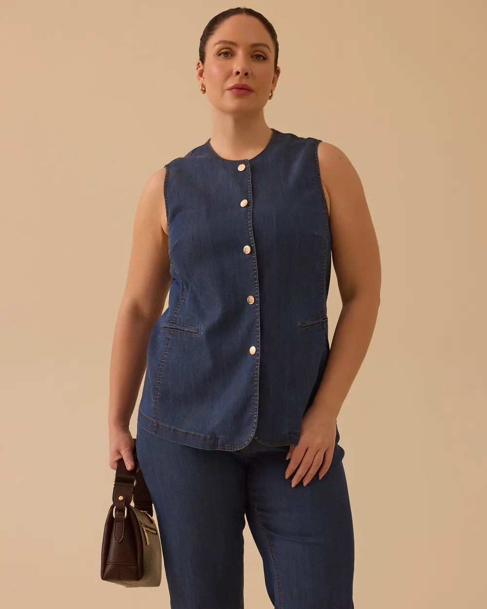 Büyük Beden Düğmeli Jean Yelek