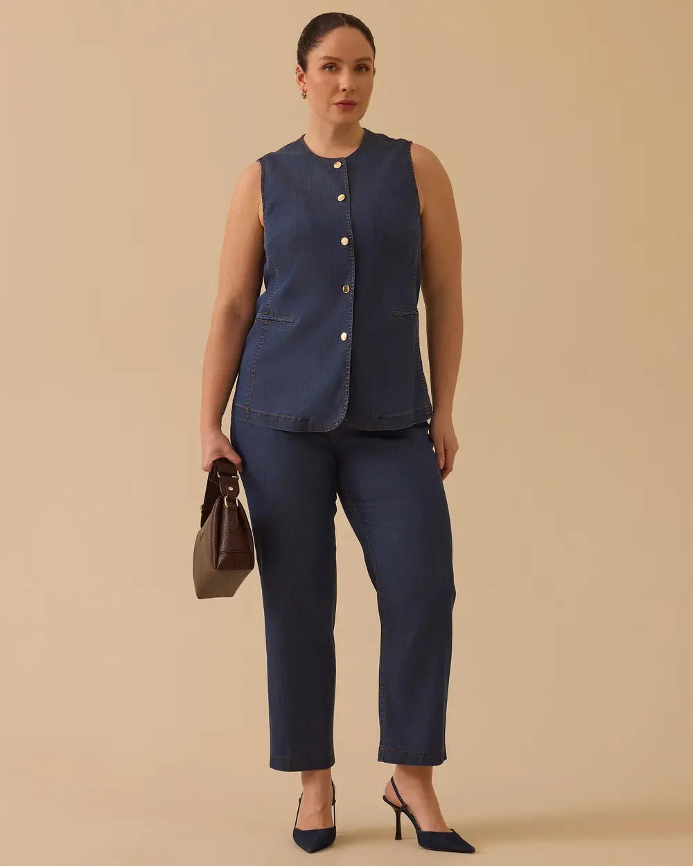 Büyük Beden Düğmeli Jean Yelek