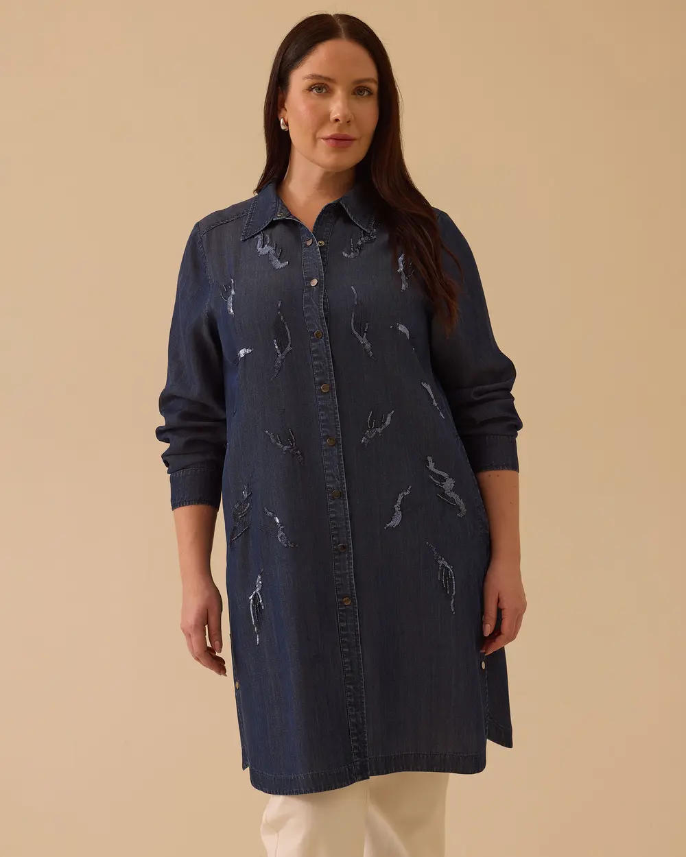 Büyük Beden Yırtık Detaylı Düğmeli Denim Tunik