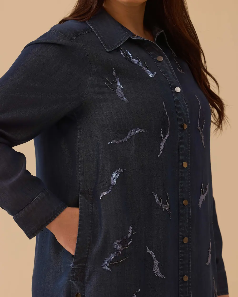 Büyük Beden Yırtık Detaylı Düğmeli Denim Tunik