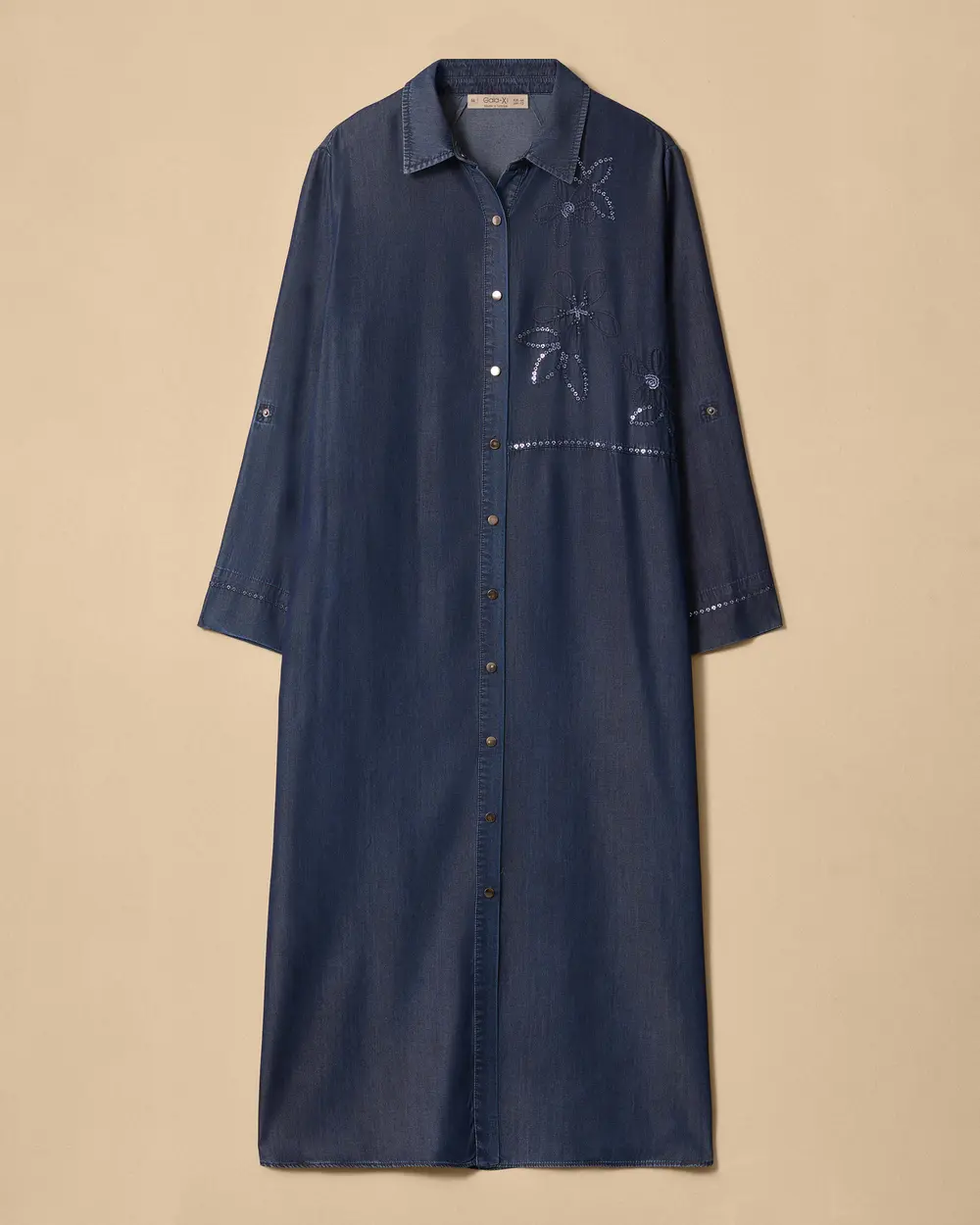İşlemeli Çiçek Detaylı Düğmeli Denim Tunik