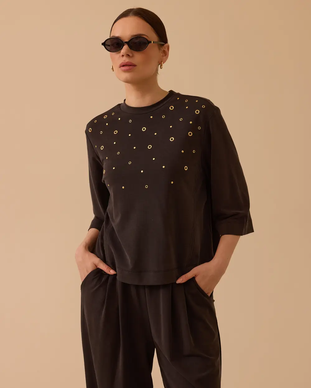 Half Sleeve Sweatshirt with Metal Ring Detail