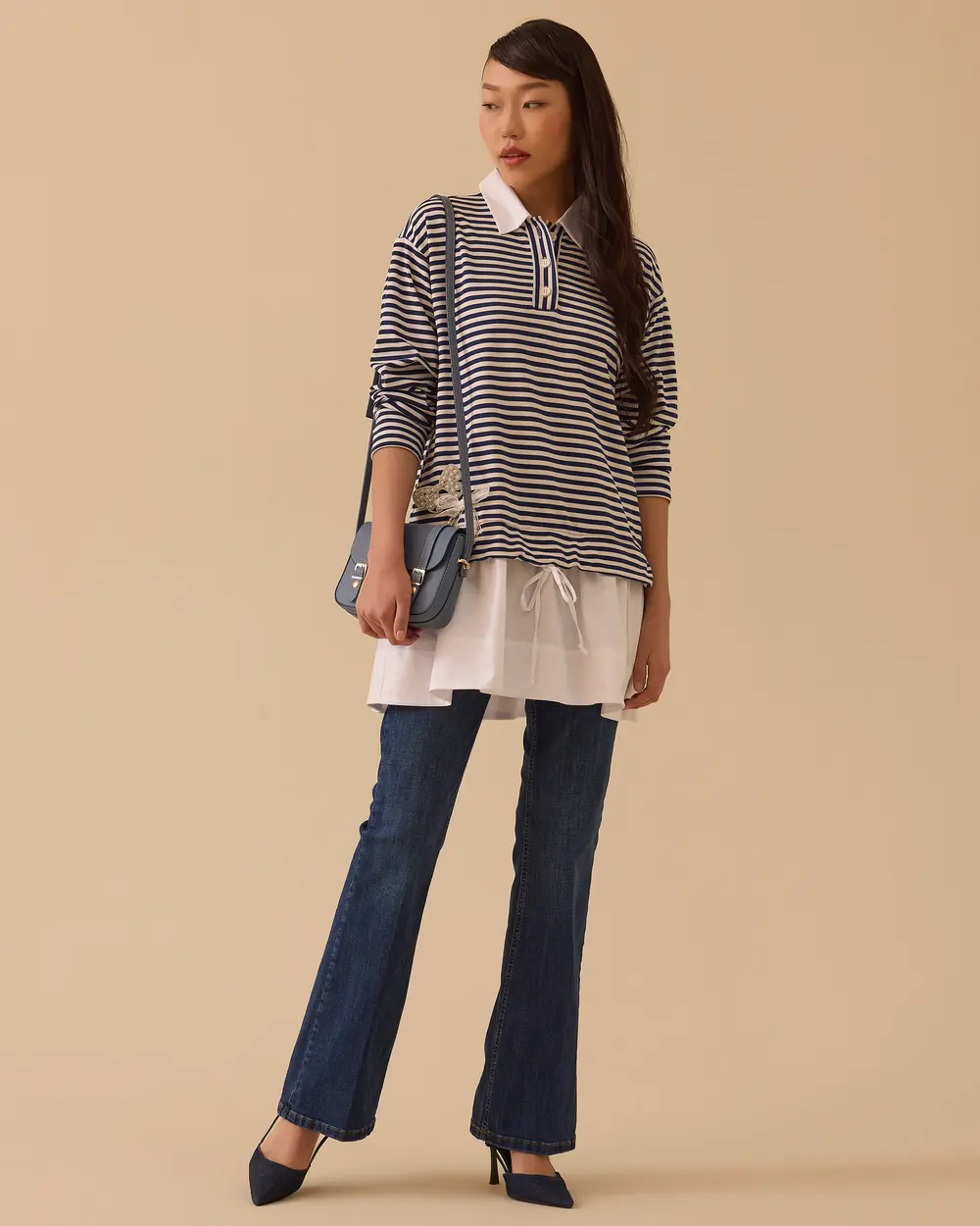 Çizgili Oversize Gömlek Yaka Sweatshirt