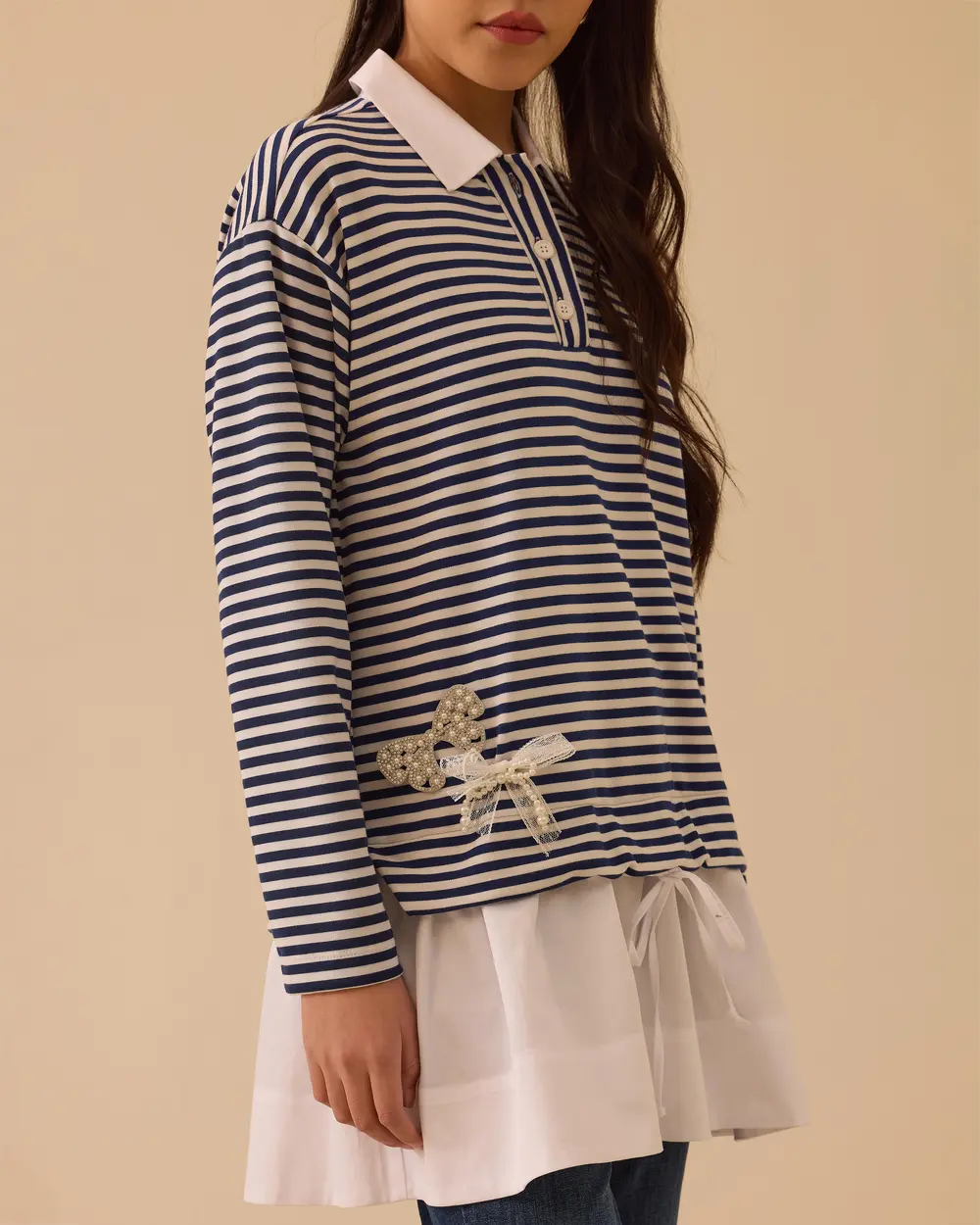 Çizgili Oversize Gömlek Yaka Sweatshirt