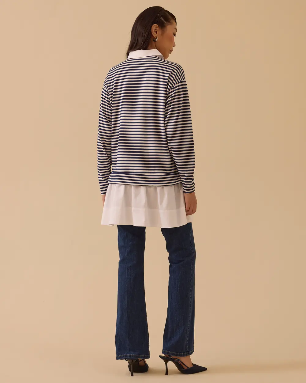 Çizgili Oversize Gömlek Yaka Sweatshirt