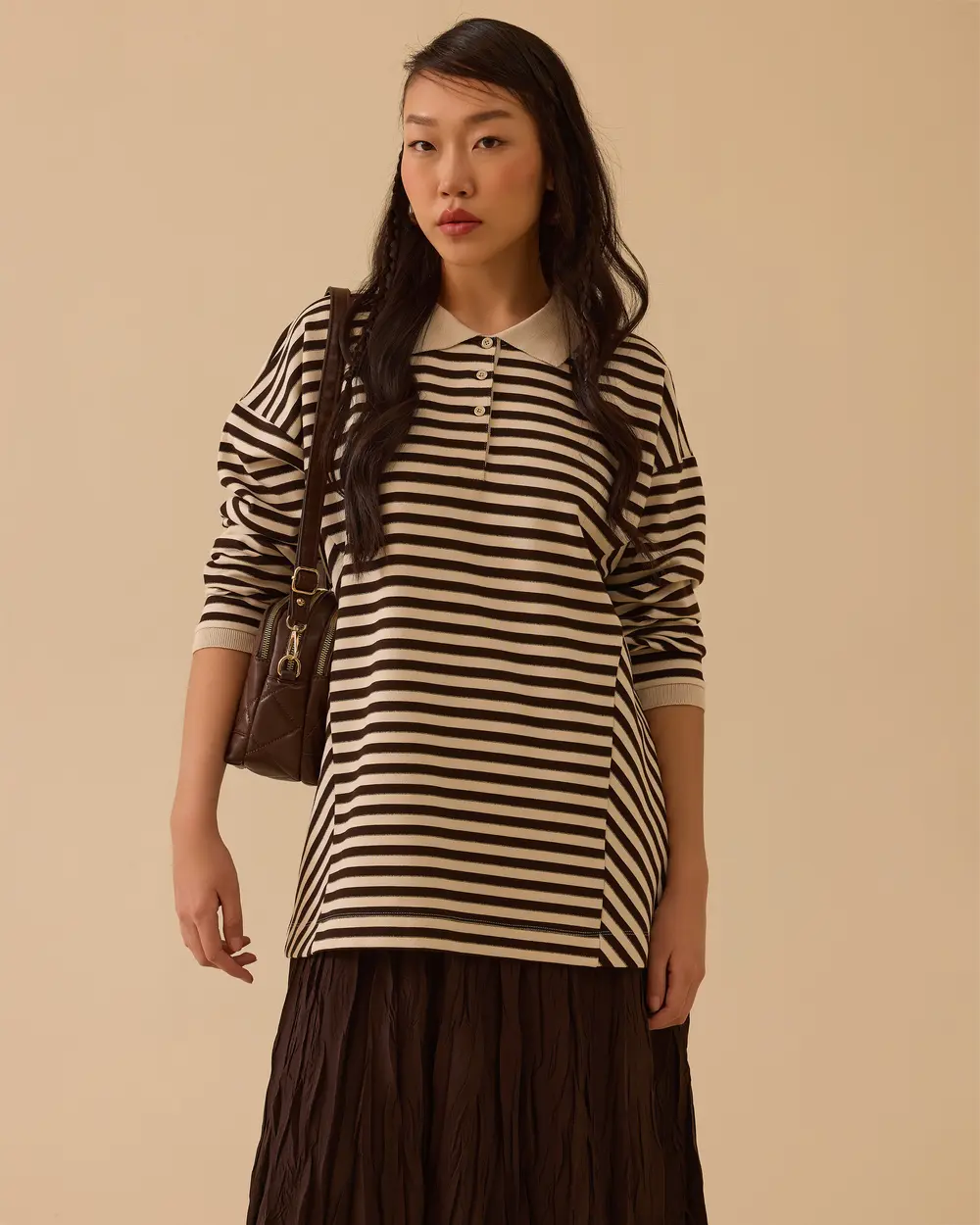 Polo Yaka Çizgili Sweatshirt