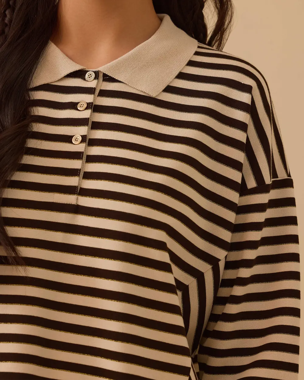 Polo Yaka Çizgili Sweatshirt