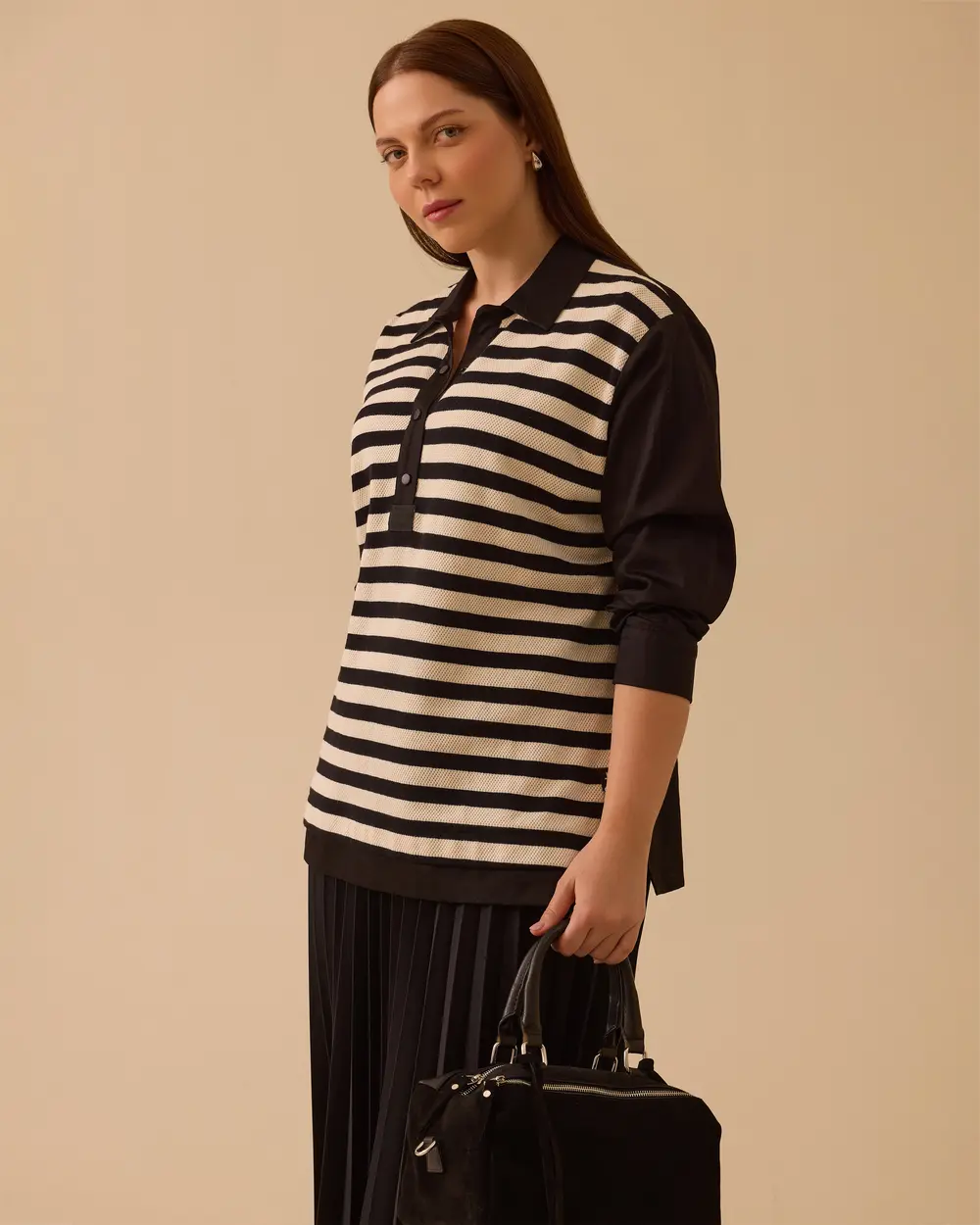 Büyük Beden Çizgili Polo Yaka Sweatshirt