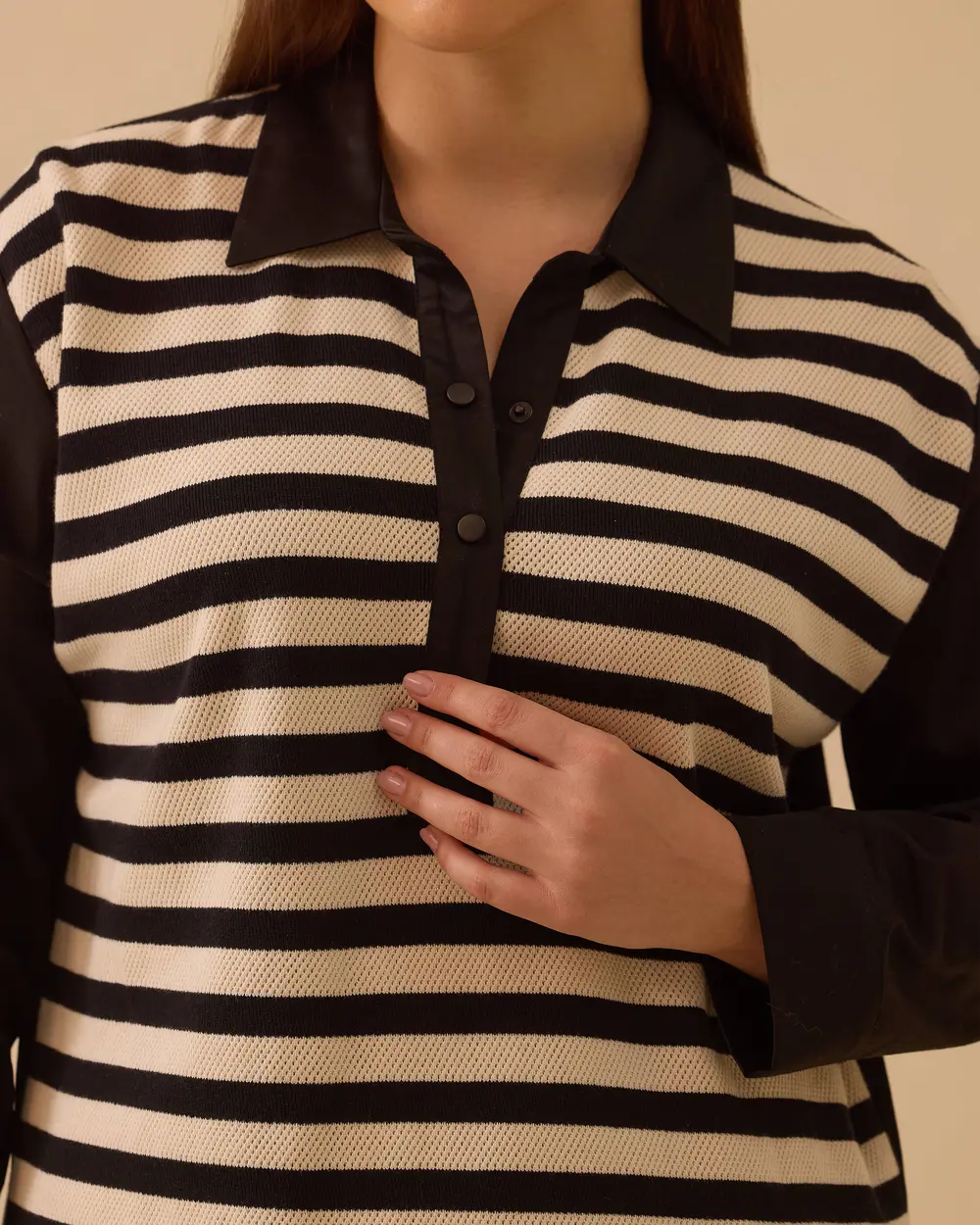 Büyük Beden Çizgili Polo Yaka Sweatshirt