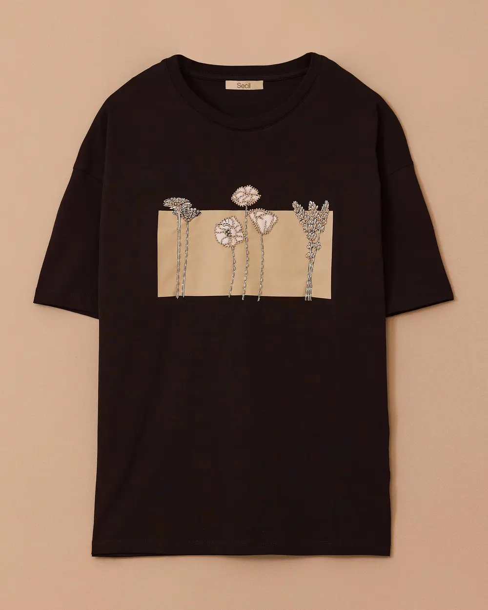 Baskılı Boncuk İşlemeli Tişört