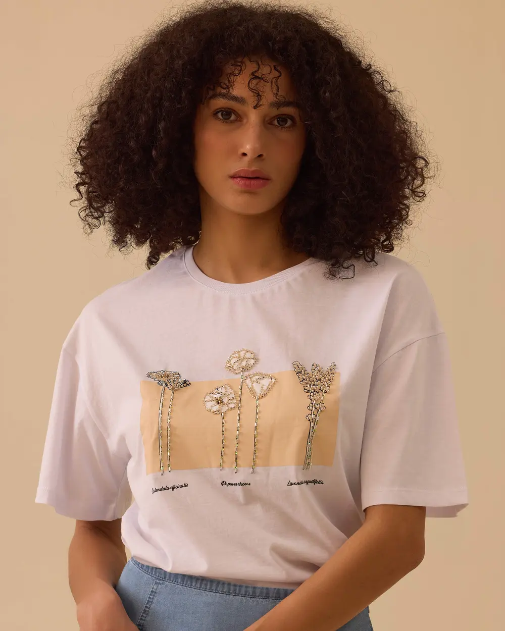 Baskılı Boncuk İşlemeli Tişört