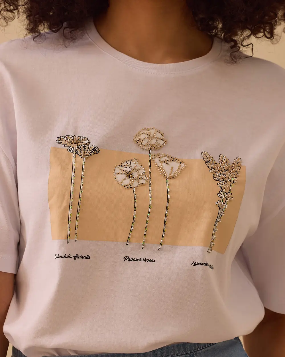 Baskılı Boncuk İşlemeli Tişört