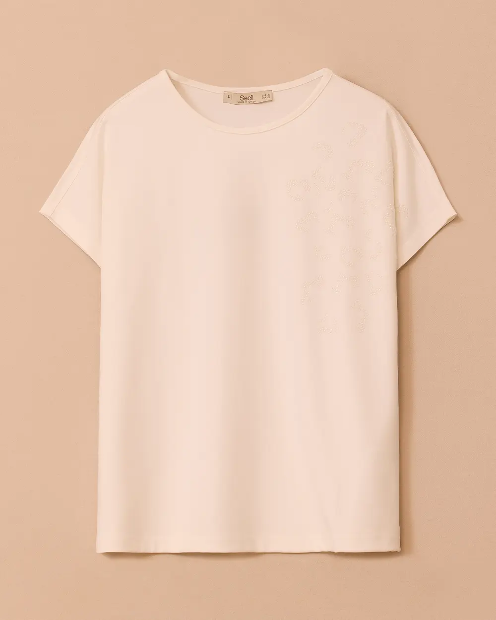 Boncuk Detaylı Düşük Kol Tişört