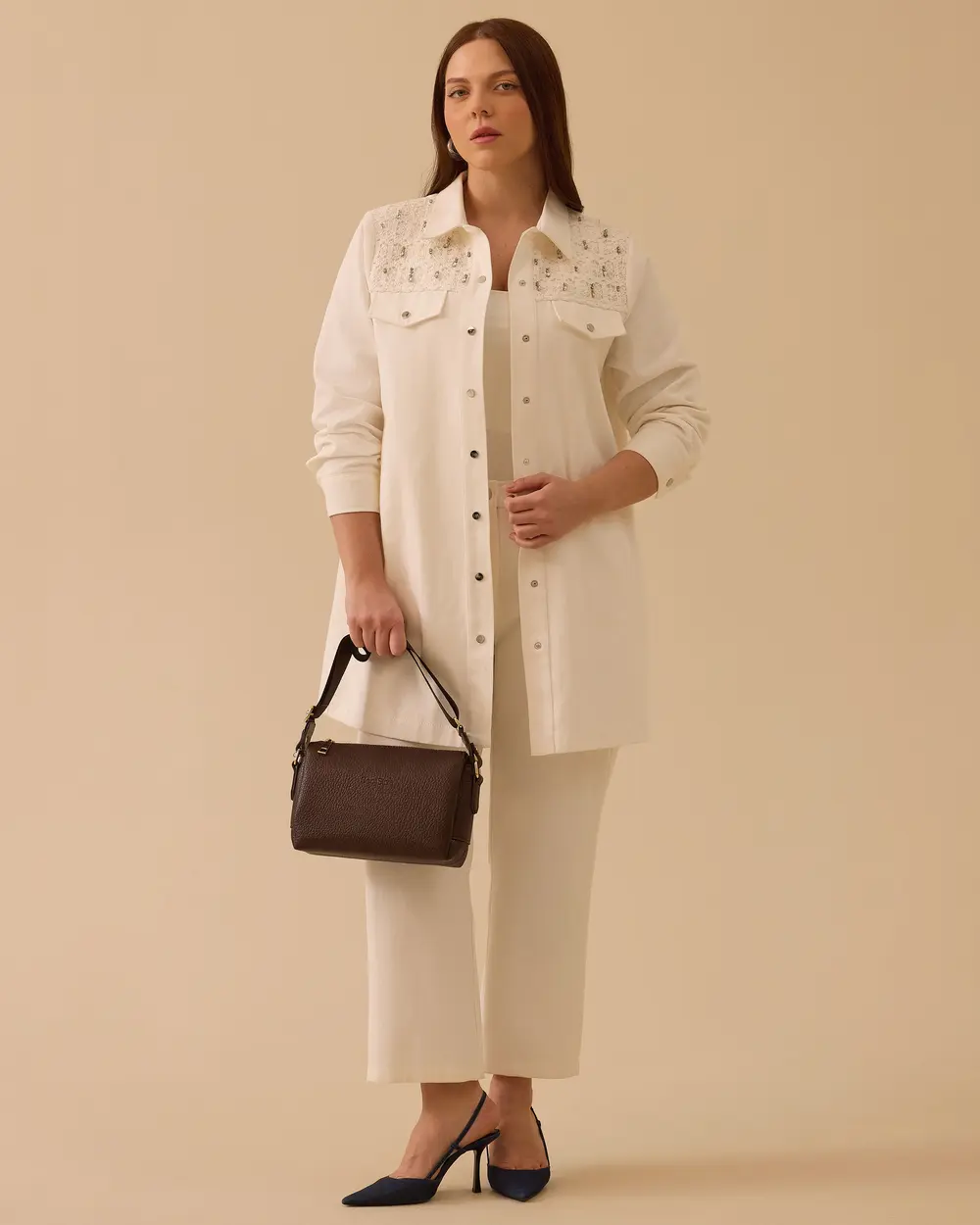 Büyük Beden Taş Detaylı Cep Kuplu Kap