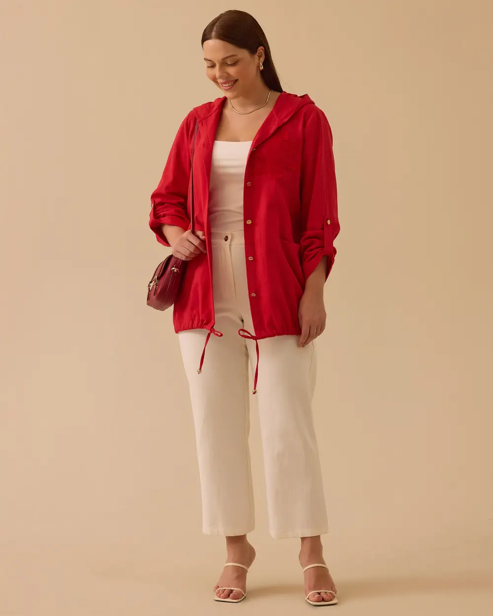 Büyük Beden Keten Görünümlü Kapüşonlu Kap