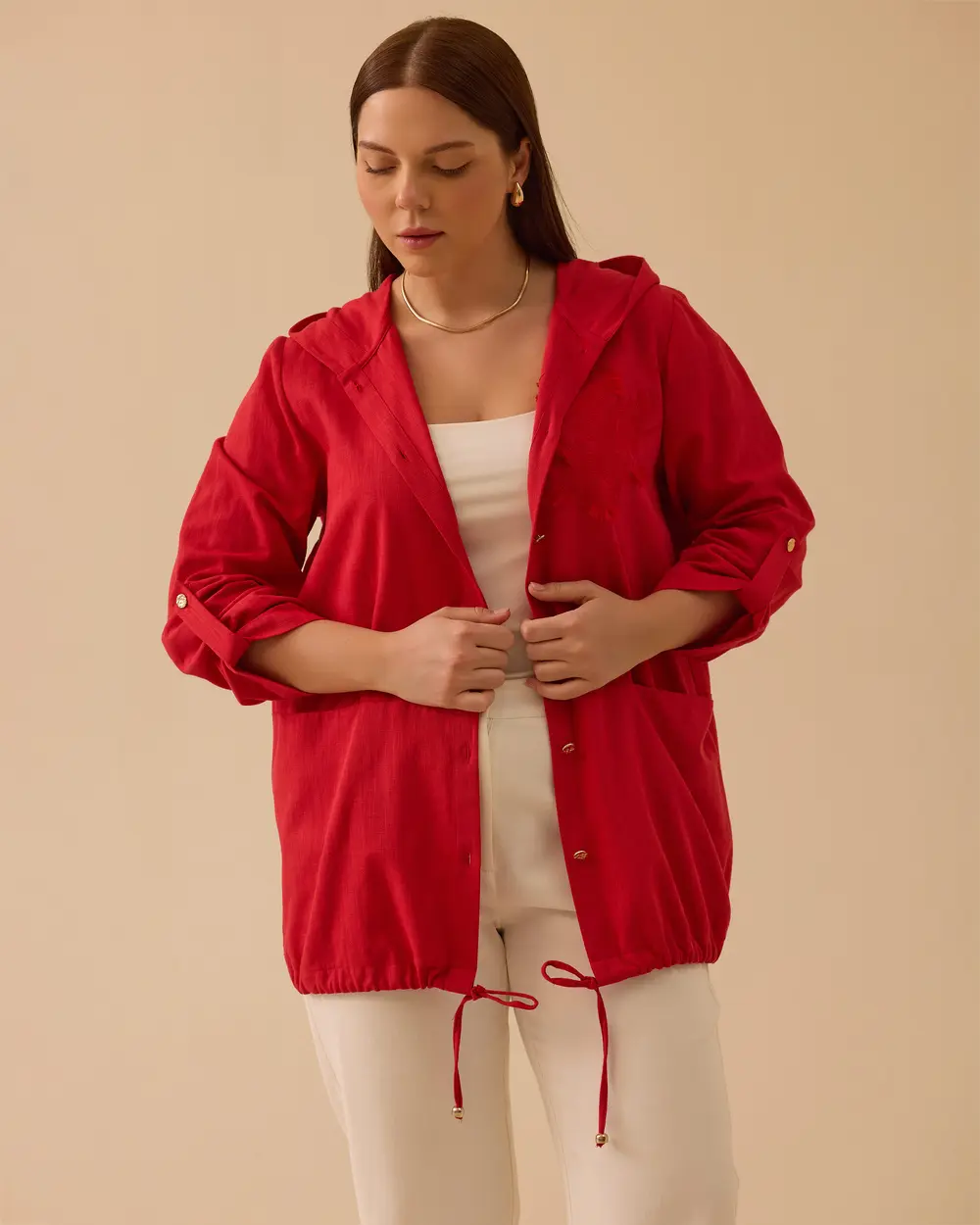 Büyük Beden Keten Görünümlü Kapüşonlu Kap