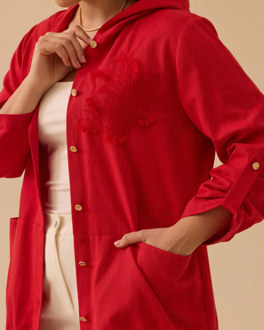 Büyük Beden Keten Görünümlü Kapüşonlu Kap