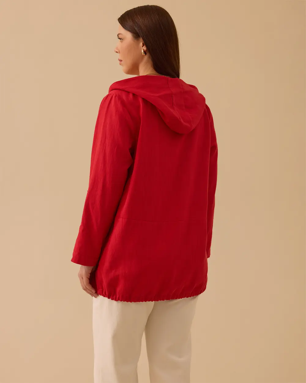 Büyük Beden Keten Görünümlü Kapüşonlu Kap