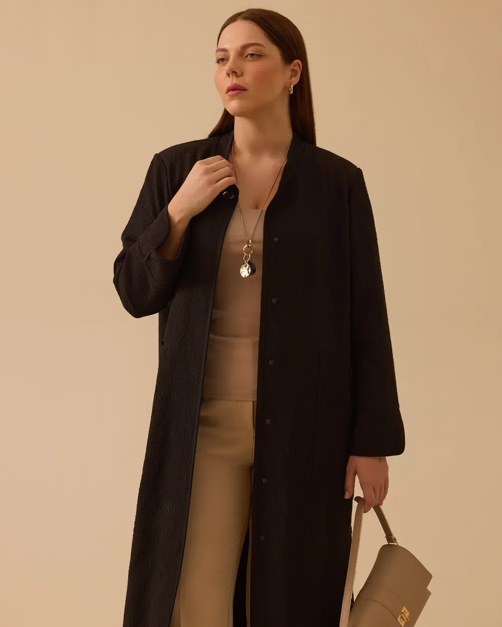 Büyük Beden Desenli Cepli Pardesü