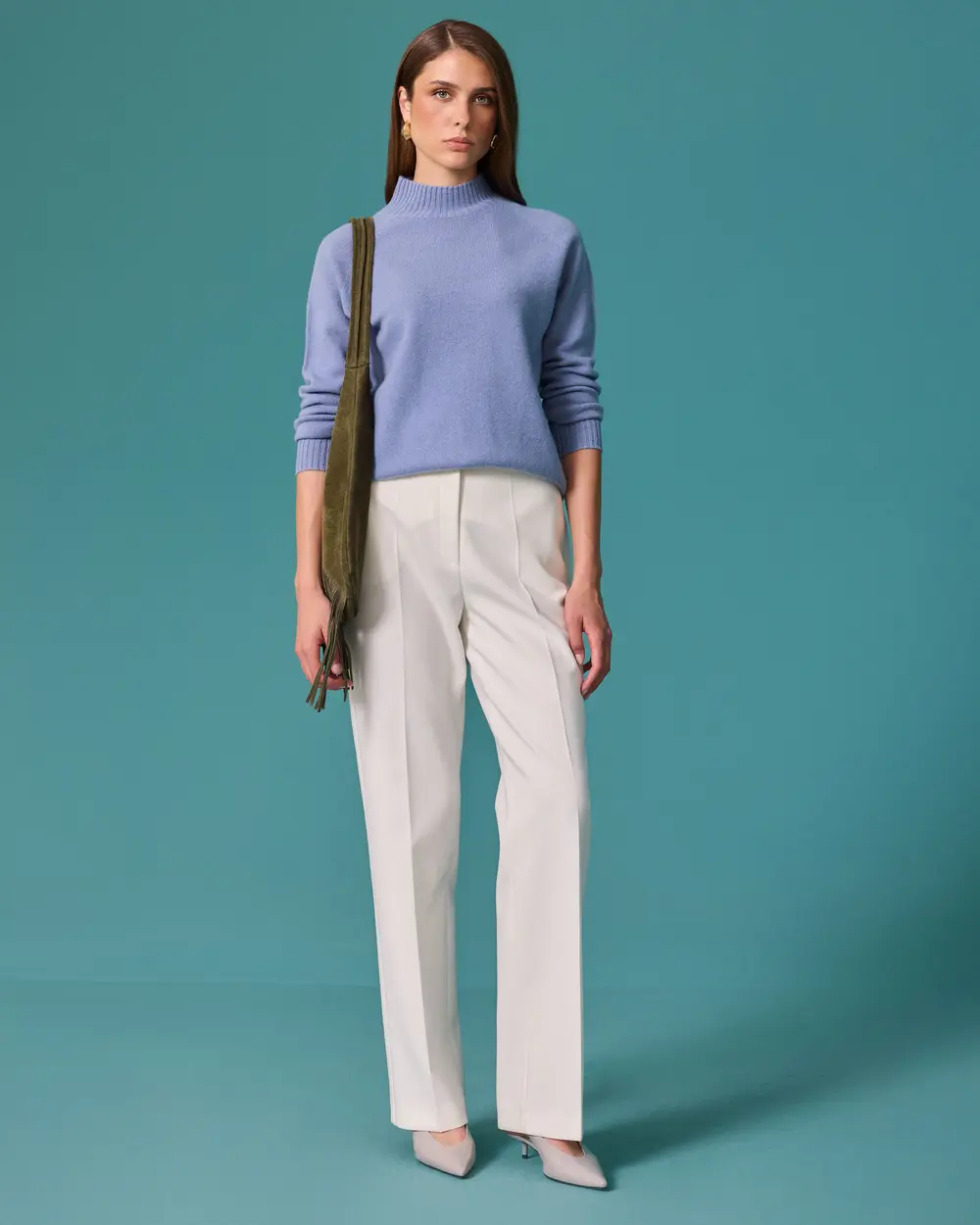 Regular-Waist Straight-Leg Fabric Pants