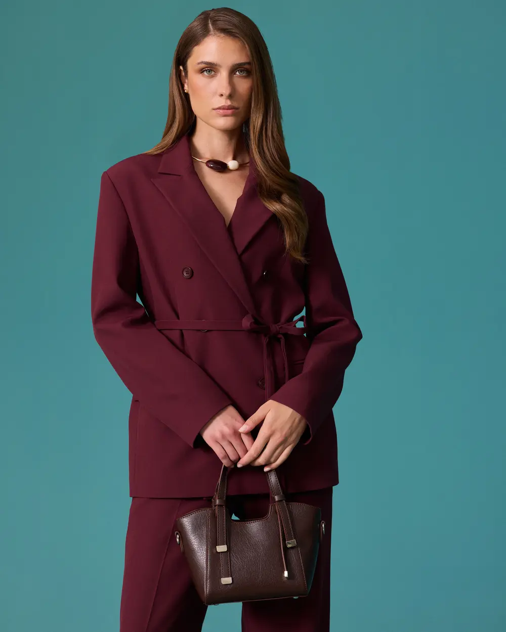 Belted Double-Breasted Blazer with a Notched Collar