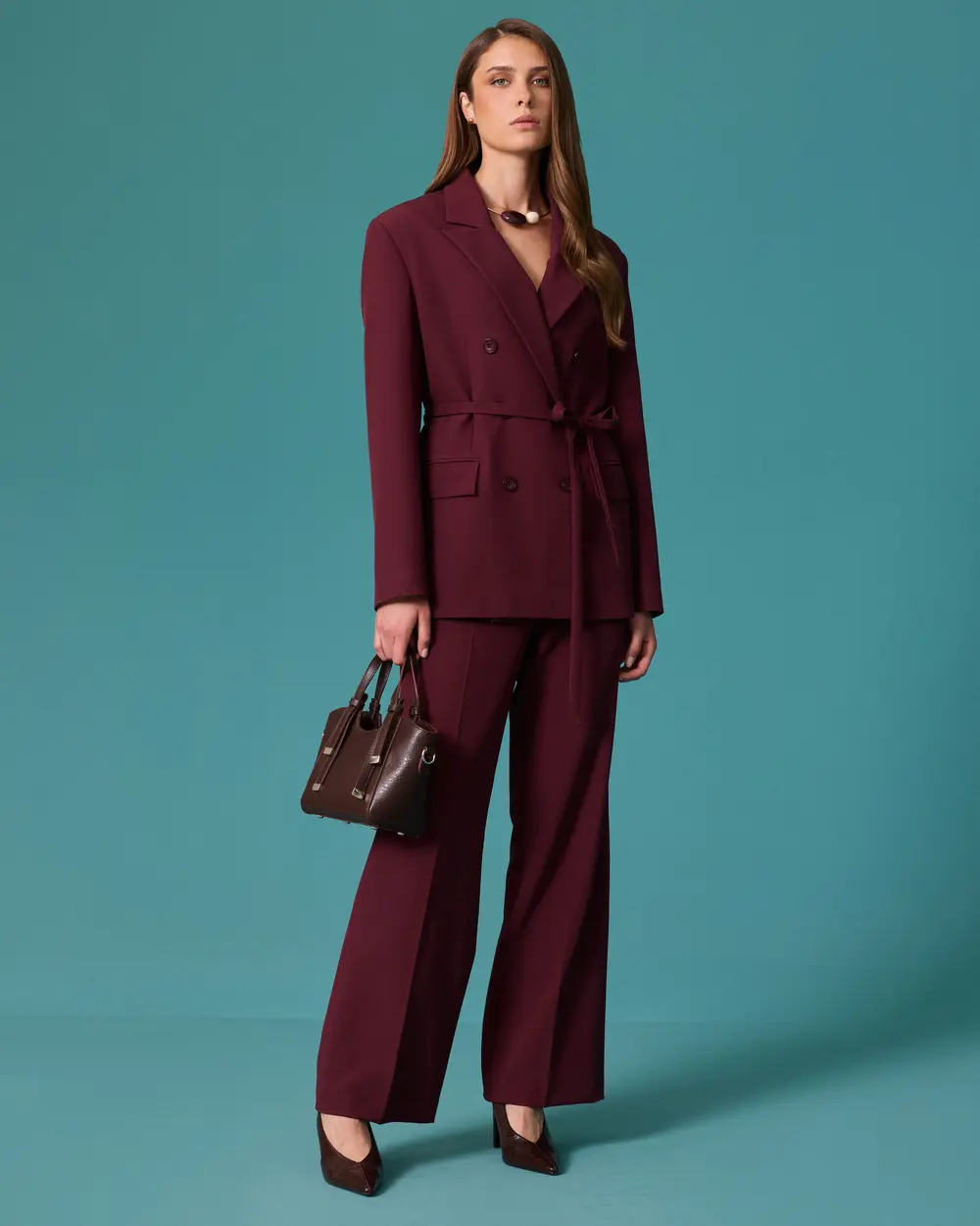 Belted Double-Breasted Blazer with a Notched Collar