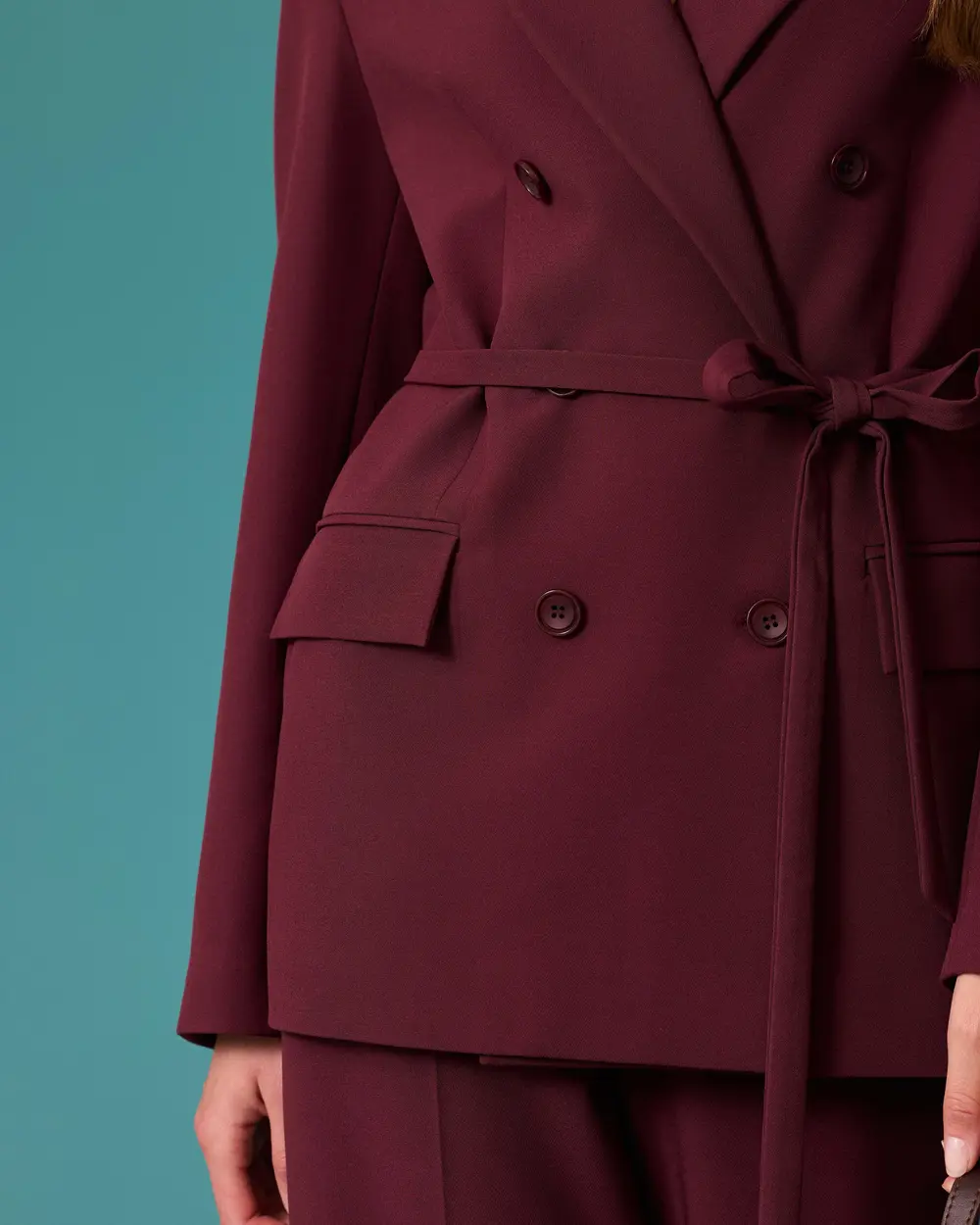 Belted Double-Breasted Blazer with a Notched Collar